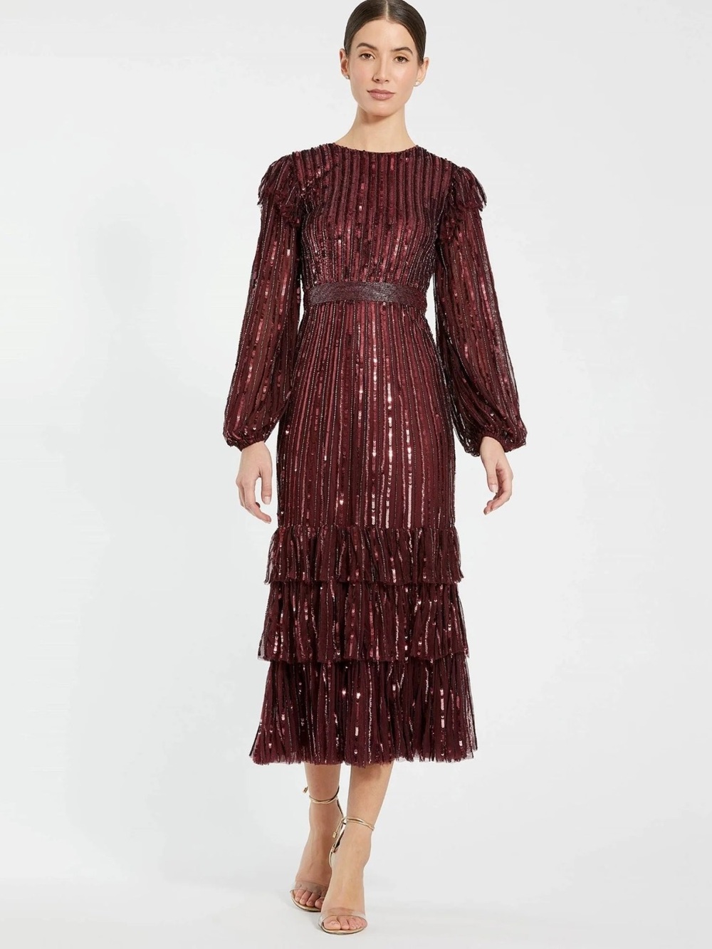 Mac Duggal Burgundy Sequin Tiered Midi Dress Sz 10 NWT